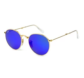 Ray Ban Round Dobrável RB3532 - Dourado/Azul Espelhado 001/68 50mm - Óculos de Sol