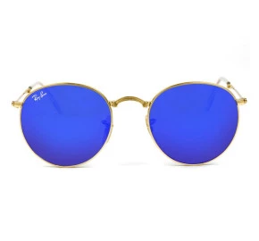 Ray Ban Round Dobrável RB3532 - Dourado/Azul Espelhado 001/68 50mm - Óculos de Sol